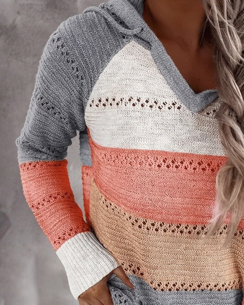 Pullover Bloc De Couleur Découpe Capuche Tricoté