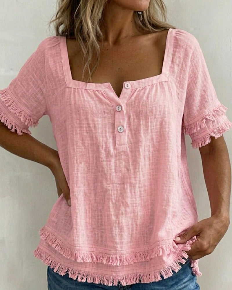 Blouse Col Carré Demi-Patte Frange