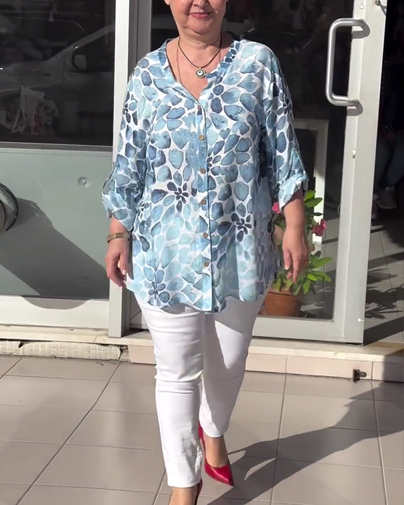 Chemise boutonnée décontractée imprimée à col en V