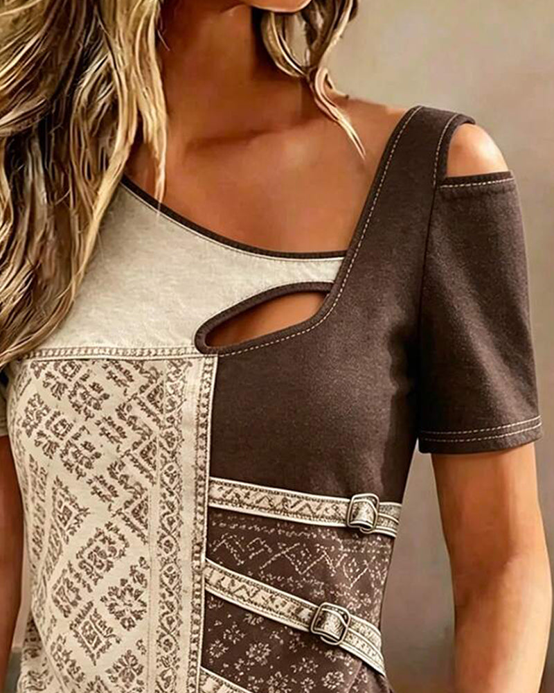 Blouse Bloc De Couleur Manche Courte