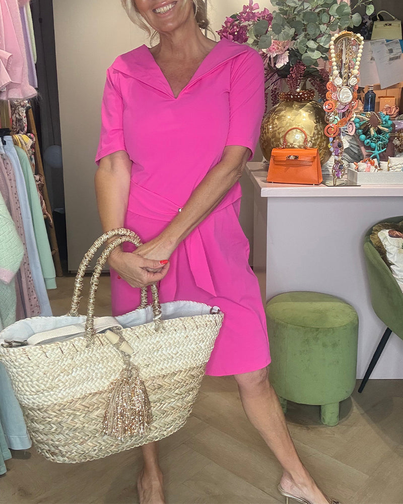 Robe Unie Col Revers Encolure V Taille