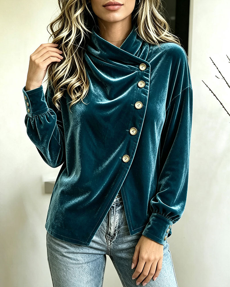 Blouse Col Roulé Fente Croix Bouton