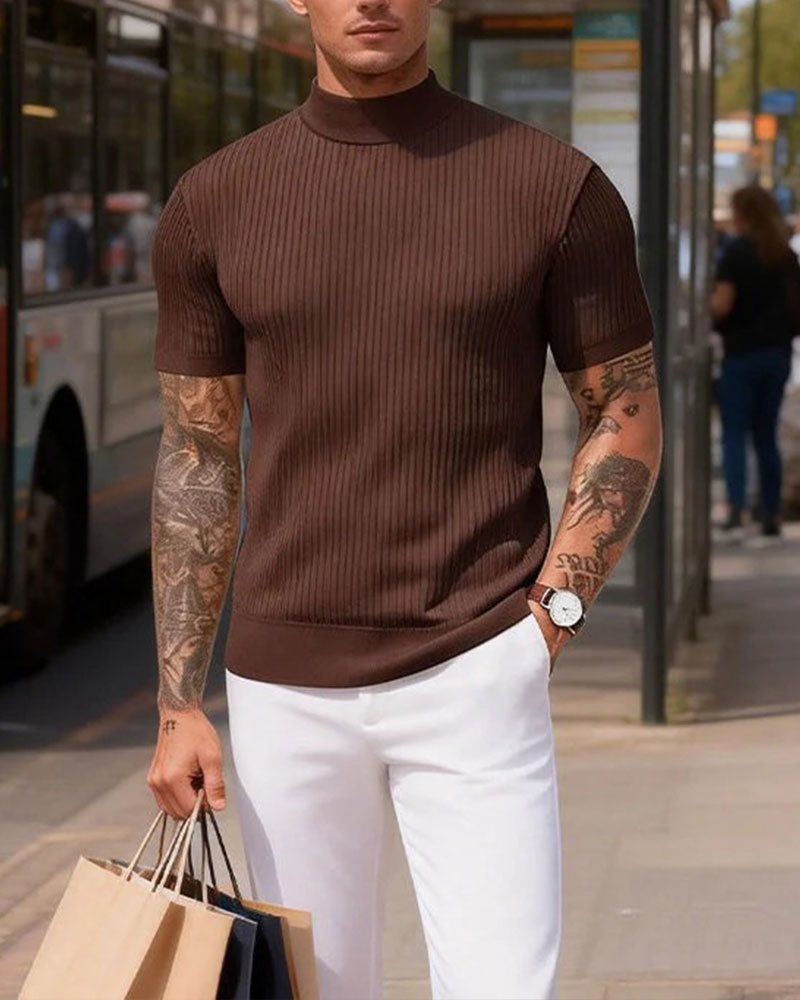 T-Shirt Col Mock Neck Homme Manche Courte