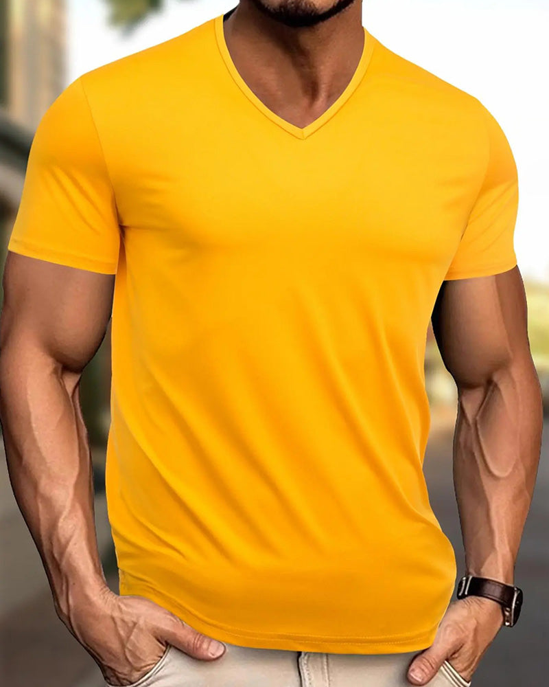 T-Shirt Couleur Unie Col V Décontracté Homme