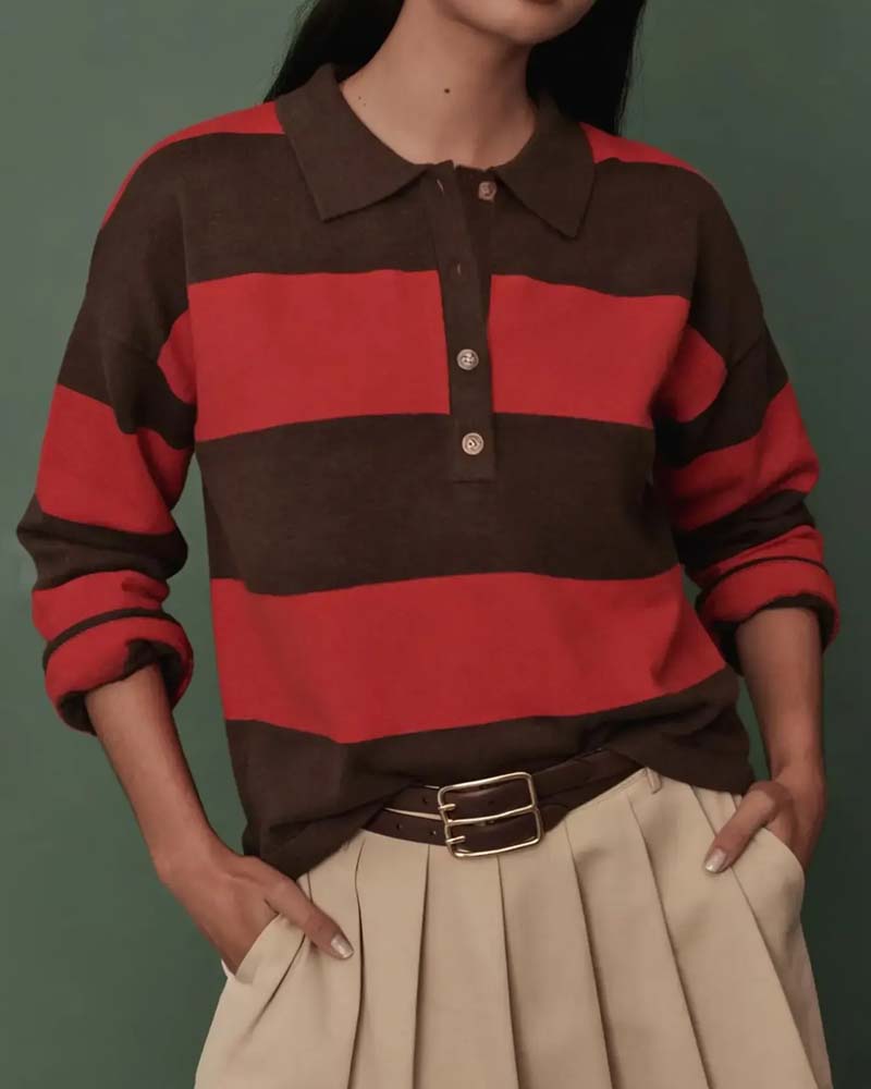 Pullover À Larges Rayons À Boutonnage Revers