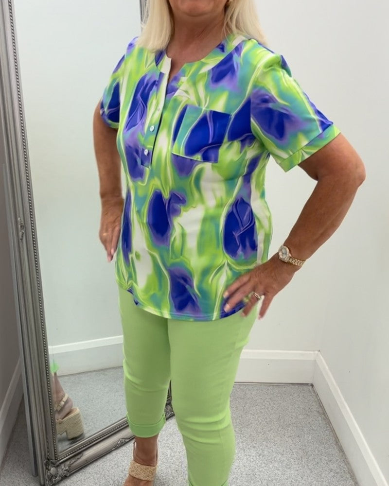 Blouse Col Henley Imprimé Ombre Manches Courtes Poche