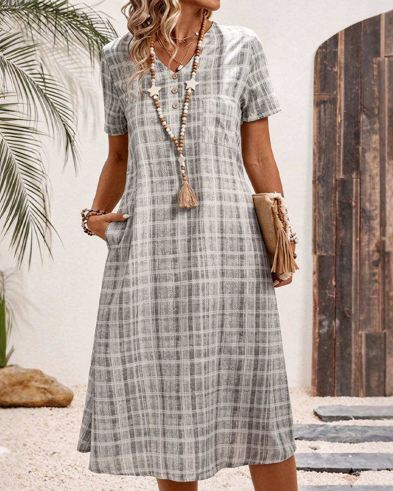 Robe Col V Bouton Carreau Poche