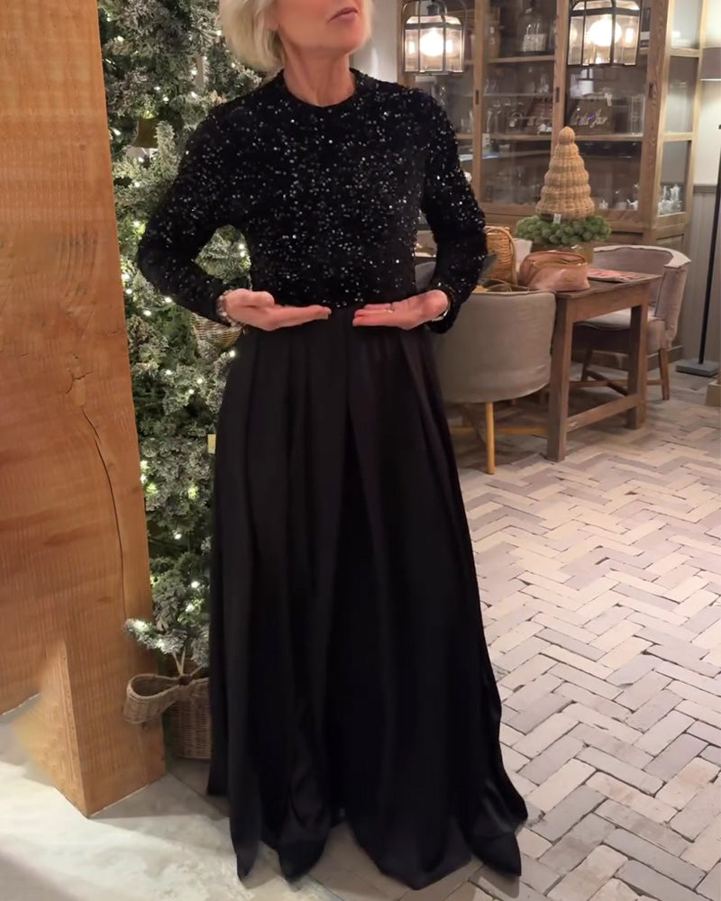 Robe Élégant Paillettes Patchwork Longueur Sol