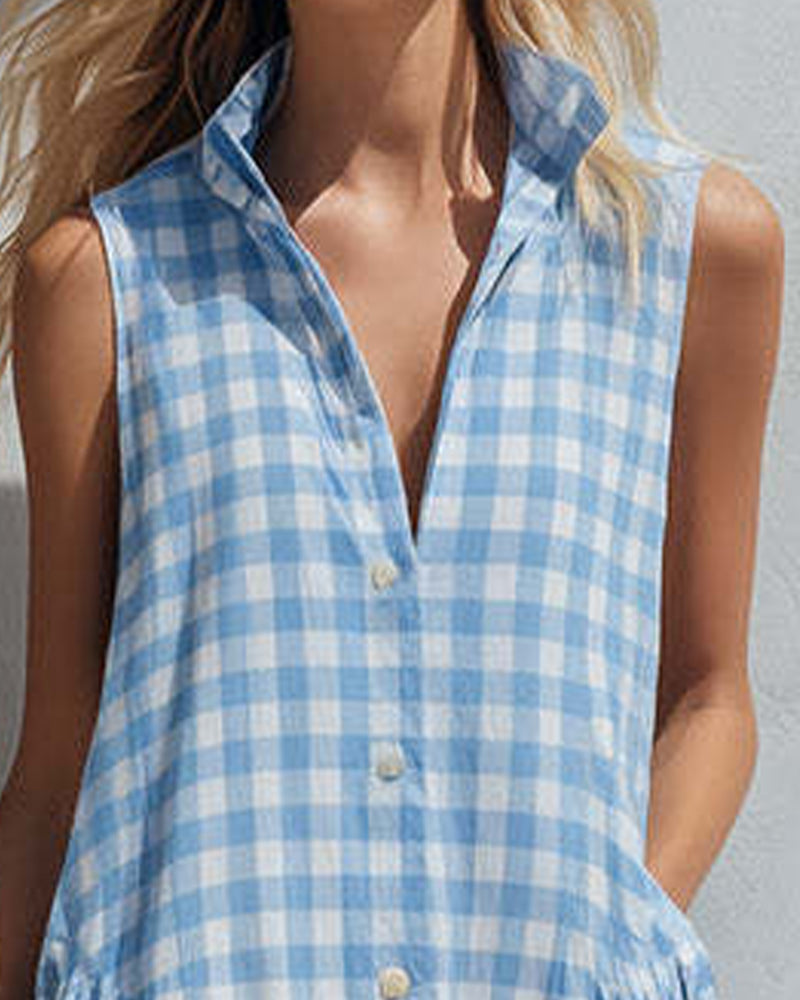 Robe Revers Bleu Et Blanc À Carreaux Sans Manches