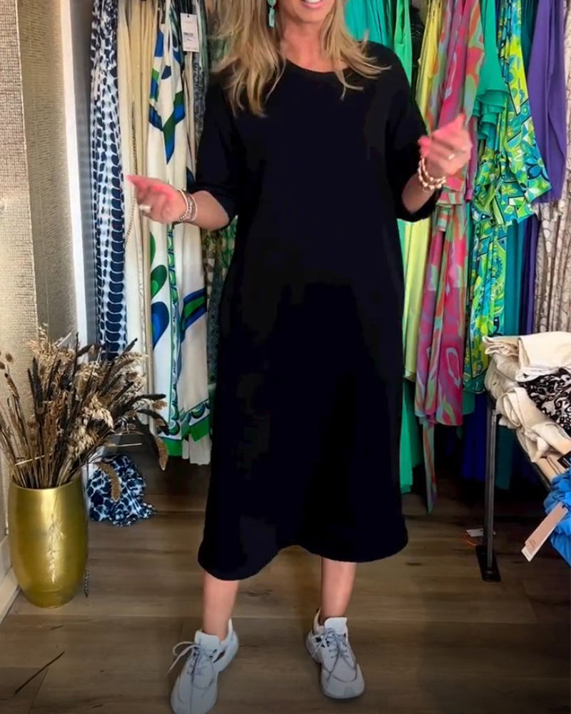 Robe à col rond de couleur unie