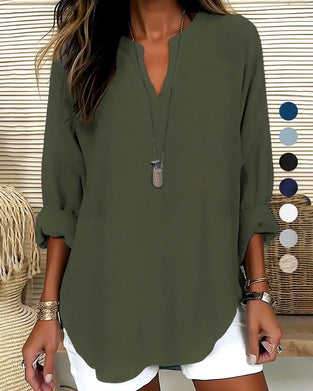 Blouse Col En V Irrégulière Unie Manches Longues