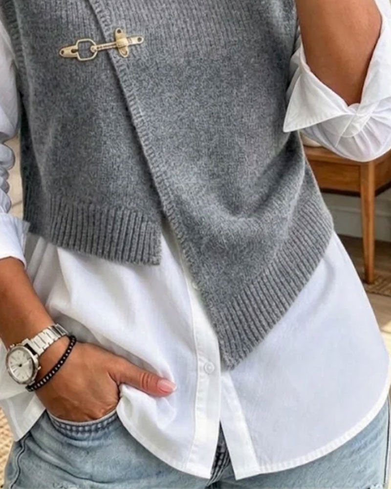 Ensemble Demi Col Roulé Diagonal Boutonné Pull Gilet