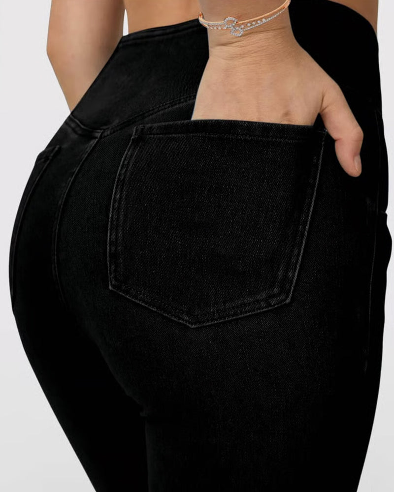 Pantalon Haute Élasticité Mode Poche Évasé