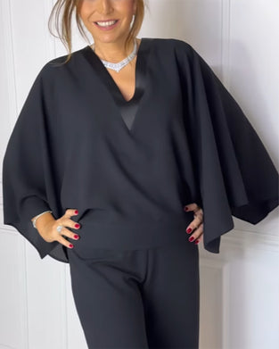 Blouse Col En V Élégante Manche Papillon