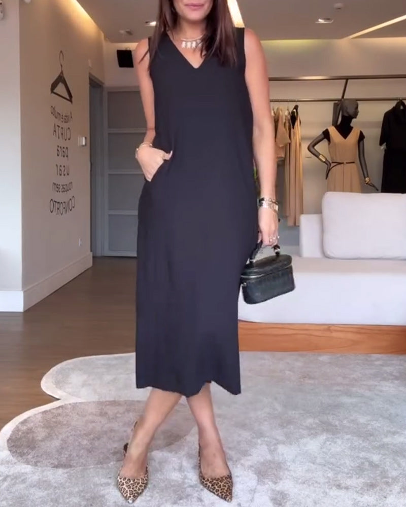 robe décontractée col en V sans manches couleur unie fendue