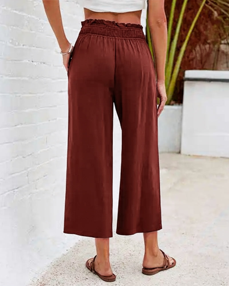 Pantalon Volant Taille Haute Large Jambe Racourci