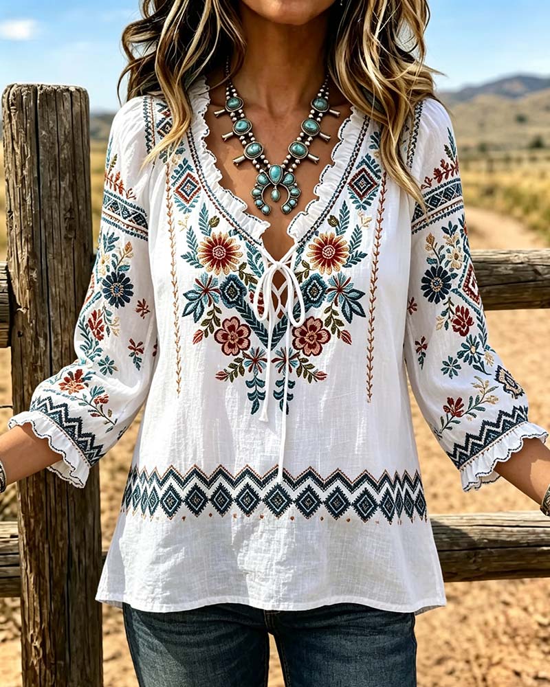 Blouse Col V Bohème Volant