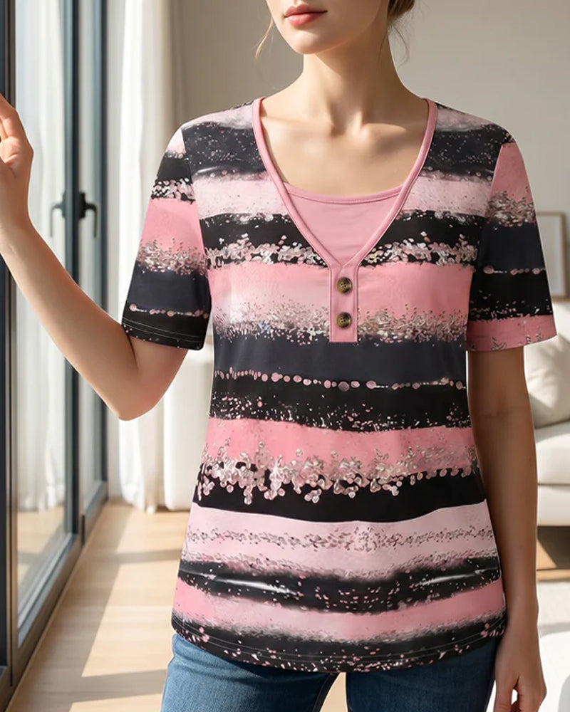 T-Shirt Imprimé Patchwork Fausse Deux Pièces