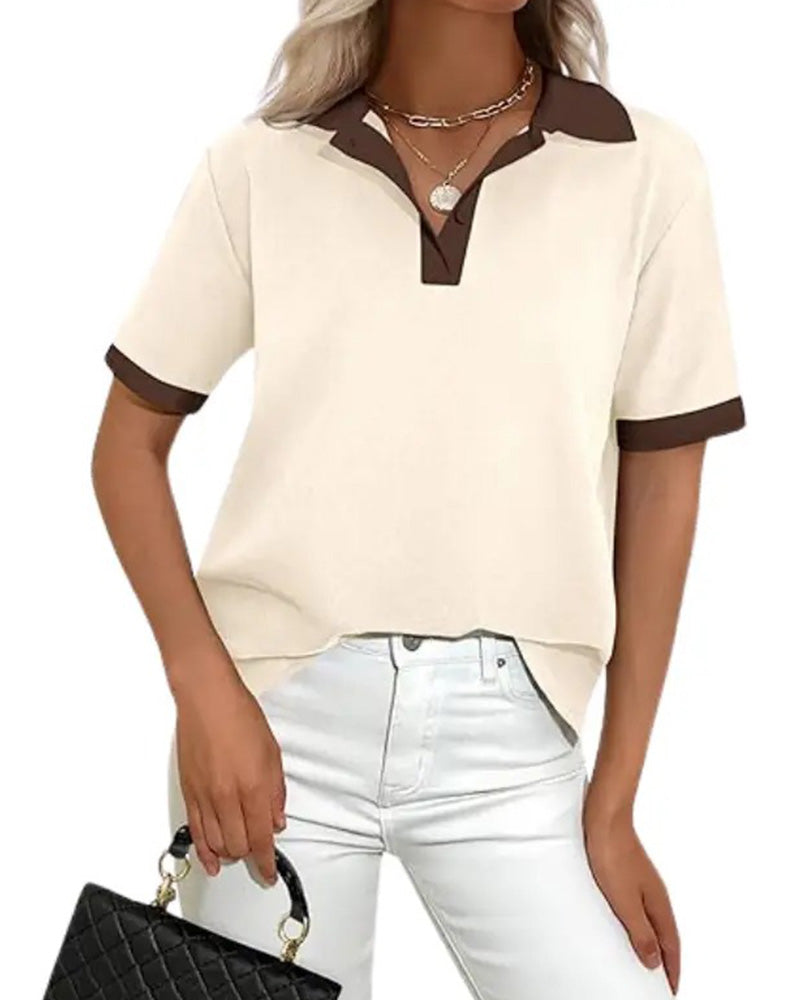T-Shirt Col Polo Colorblock Manches Courtes