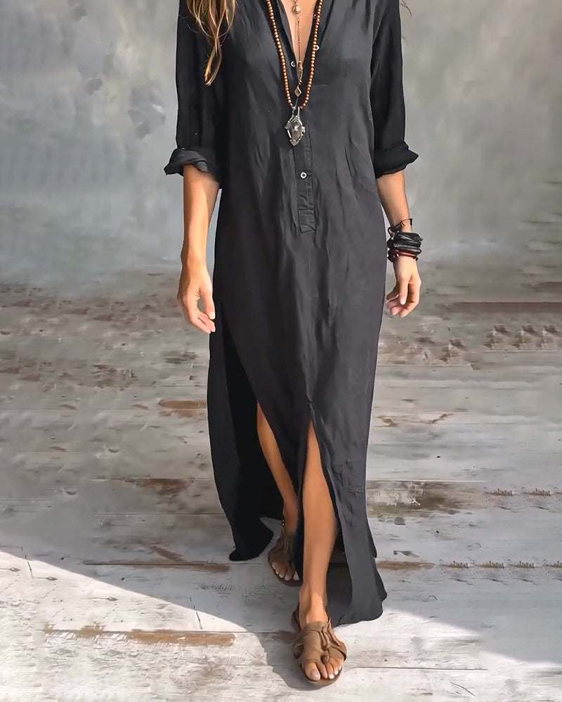 Robe Col Chemise Boutonnage Fente Latérale Unie