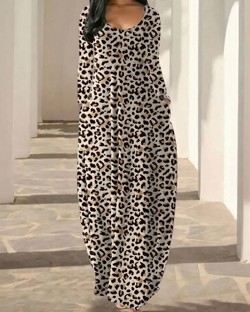 Robe Col-Rond Poche Jupe-Pleine Manche-Longue