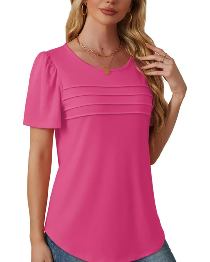 T-Shirt Plissé Ample Col Rond Manches Courtes