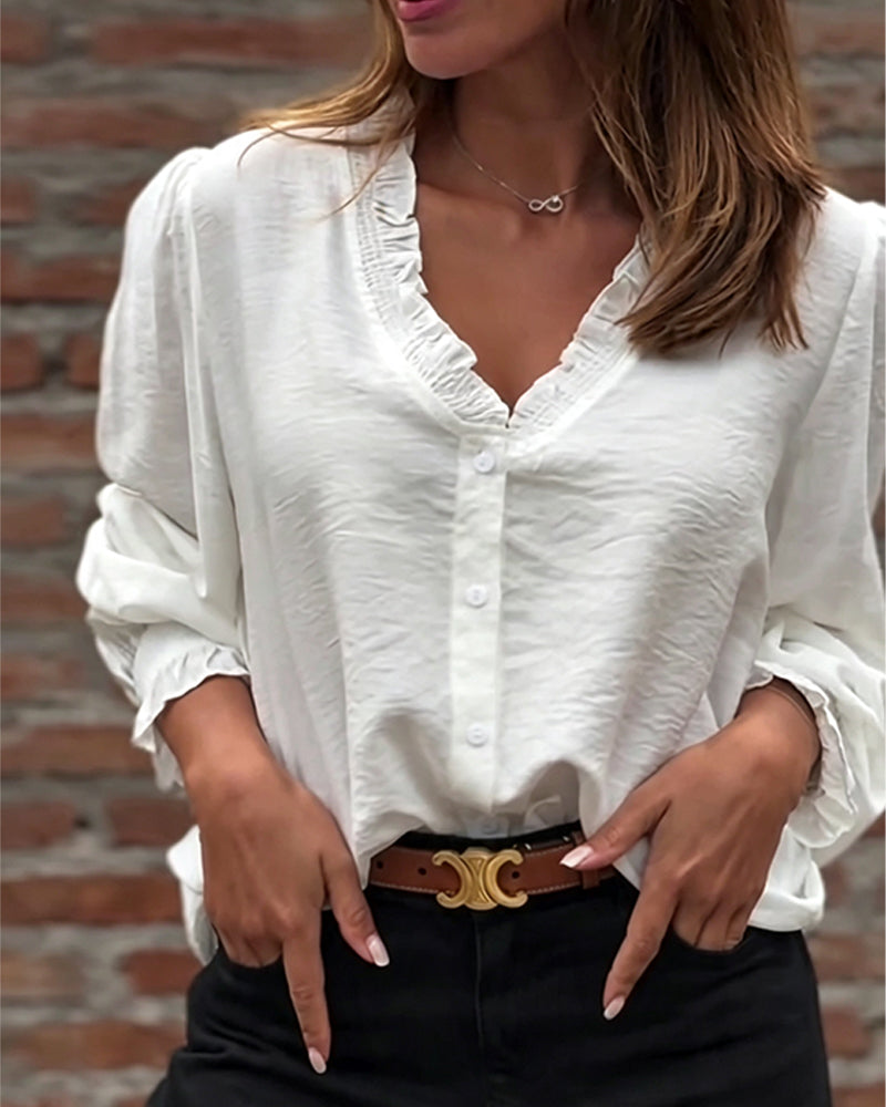 Blouse Col En V Bouton Devant Volant Manches Ballon