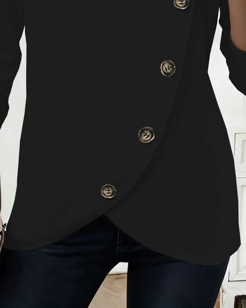 T-Shirt Irrégulier Faux Bouton Manches Longues
