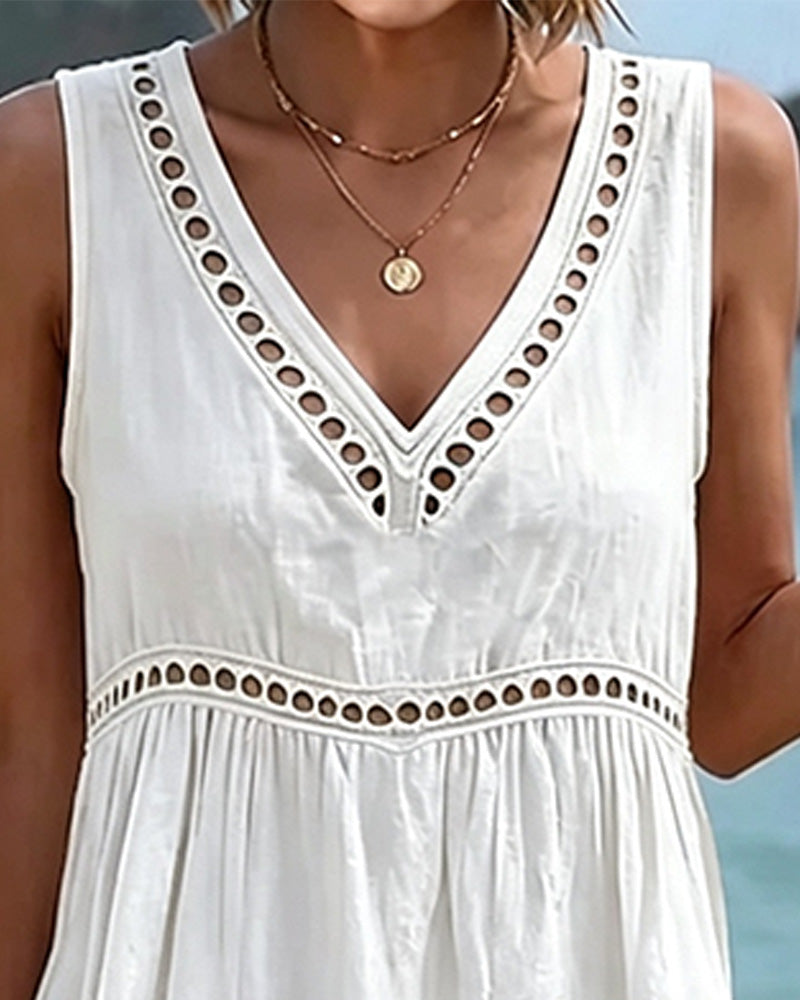 Robe Col V Découpe Sans Manches Unie