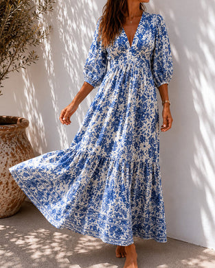 Robes Bleu Porcelaine Imprimé Taille Cintrée