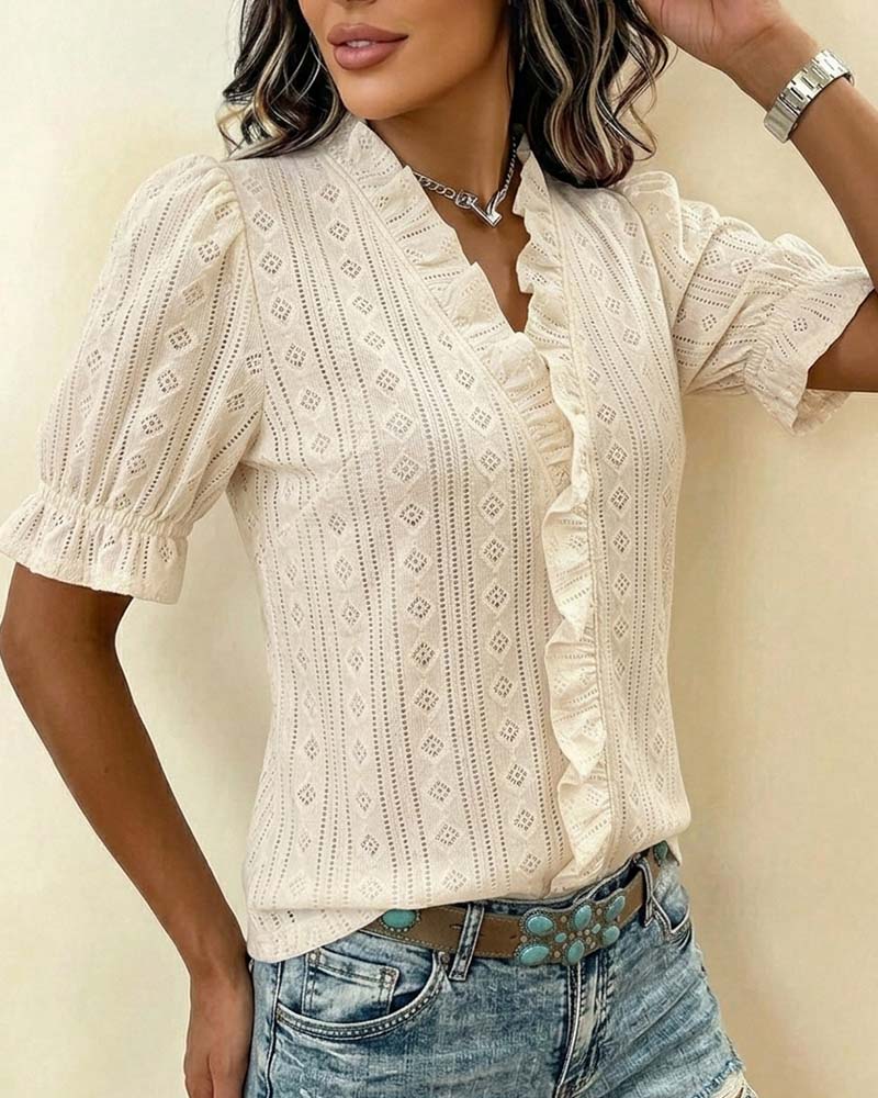 T-Shirt Col V Manche Trois Quarts Dentelle