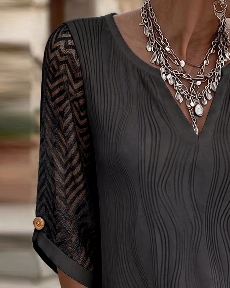 Chemisier V-Neck Dentelle Panel Solid Ligne
