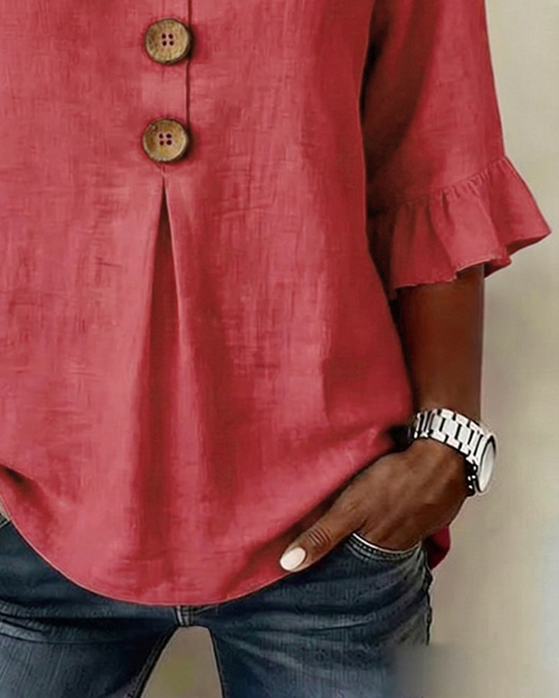 Blouses Unies Coton-Lin Boutons En Bois Volants