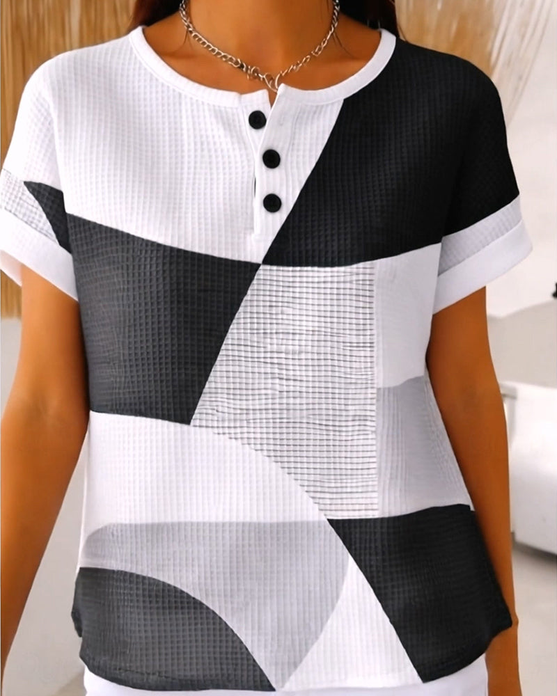 Blouse Col Rond Bouton Bloc De Couleur Gaufré