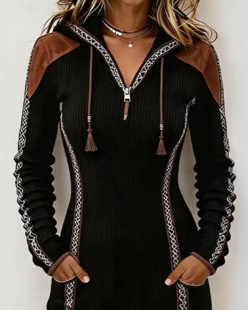 Robe À Capuche Patchwork Côtelée Laçage