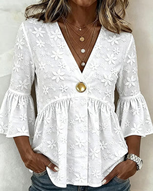 Blouse Col V Manche Évasée Taille Cintrée