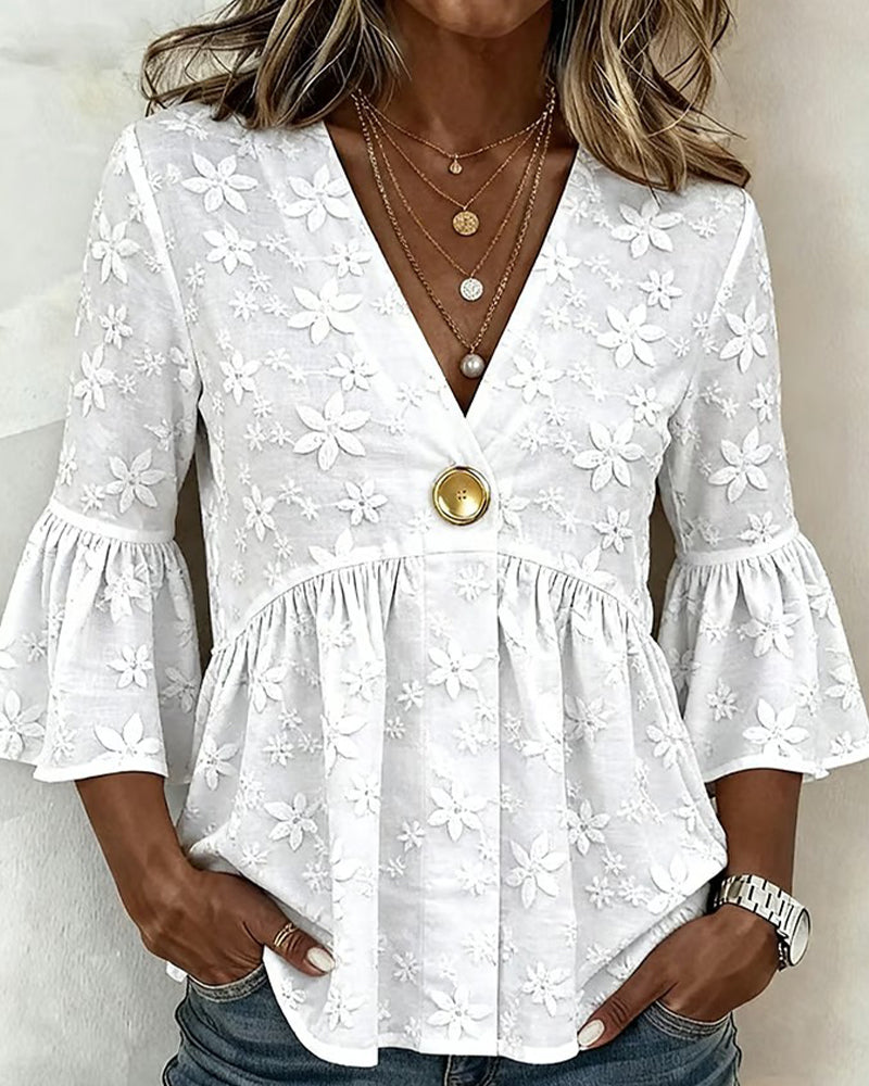 Blouse Col V Manche Évasée Taille Cintrée