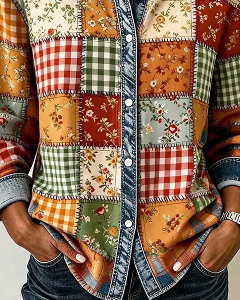 Haut Col Carreau Denim Patchwork