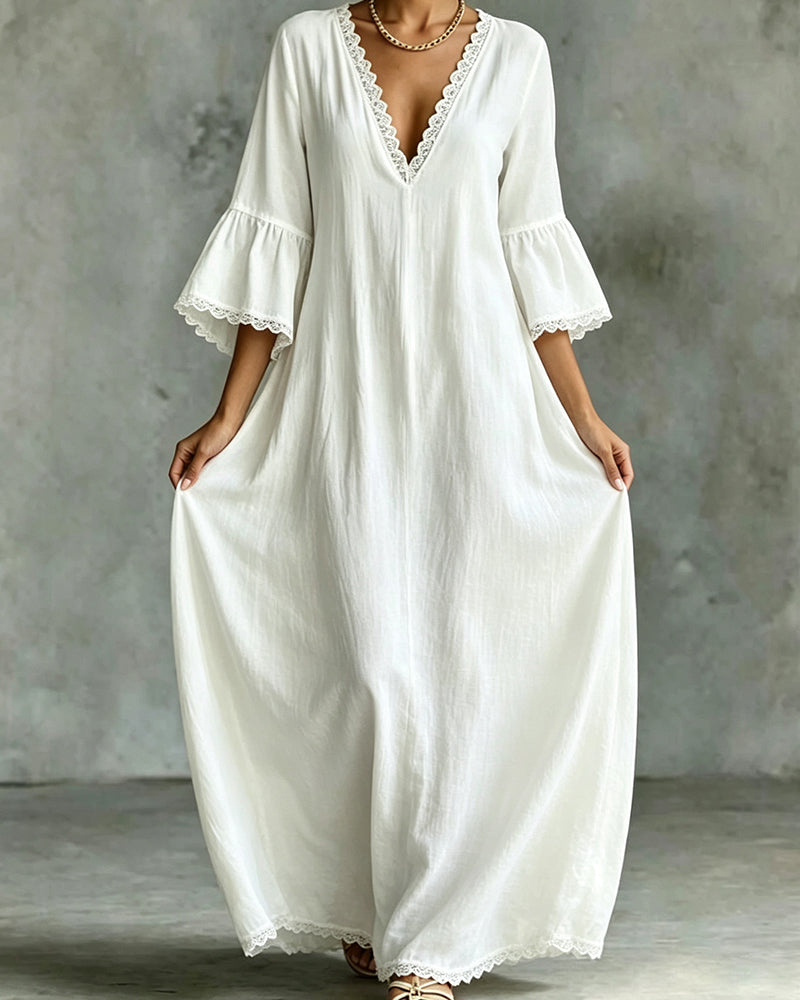 Robe Col V Dentelle Patchwork Volant Jupe Ample