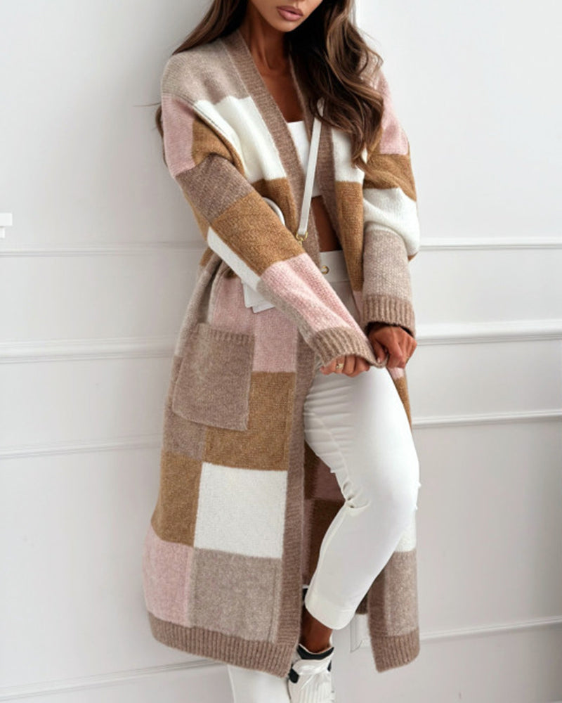 Cardigan ample décontracté à carreaux contrastés avec poche