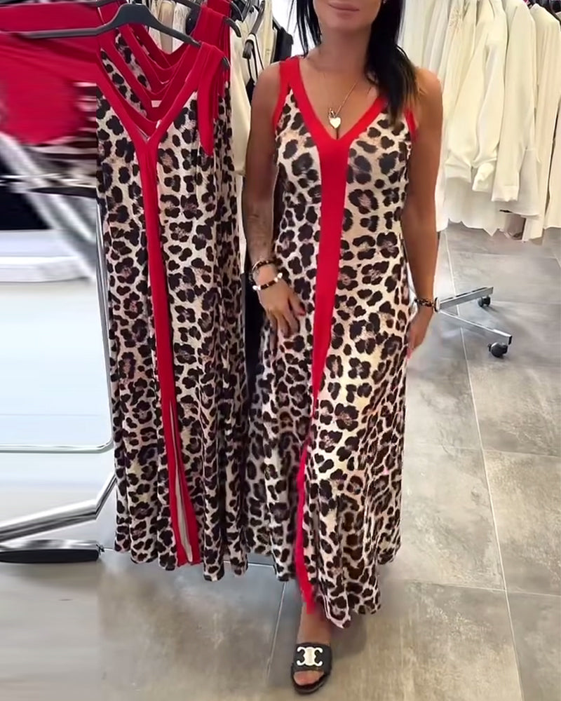 Robe Sans Manches Élégante Imprimé Léopard Contraste