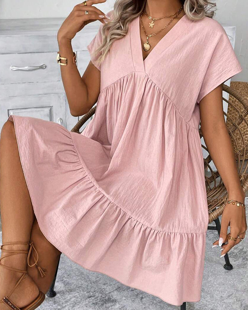 Robe Unie Col-V Volant-Garni