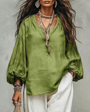 Blouse Décontractée Manche Lanterne Unie Coupe Loose