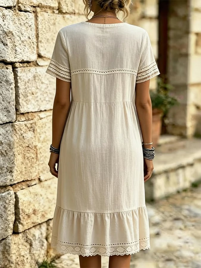 Robe Dentelle Volant Col-Rond Manche-Courte