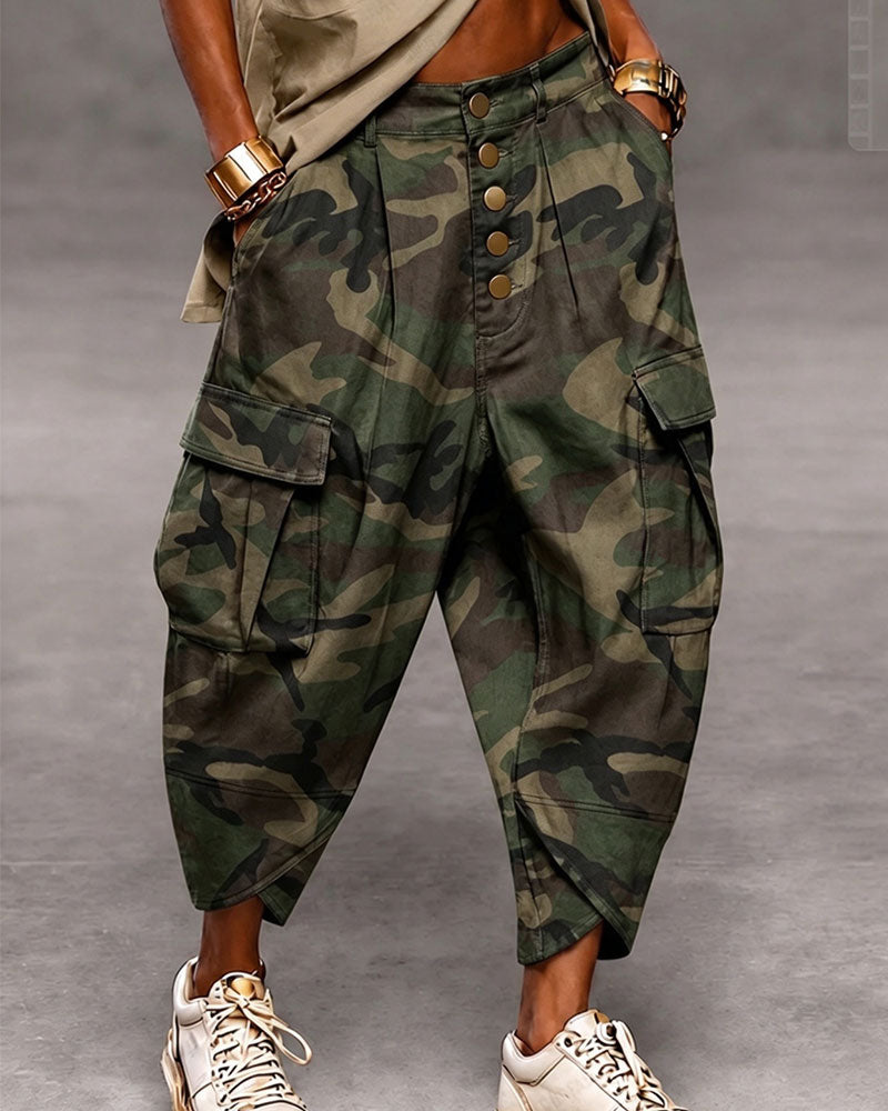 Pantalon Camouflage Multi-Bouton Taille Haute Mode
