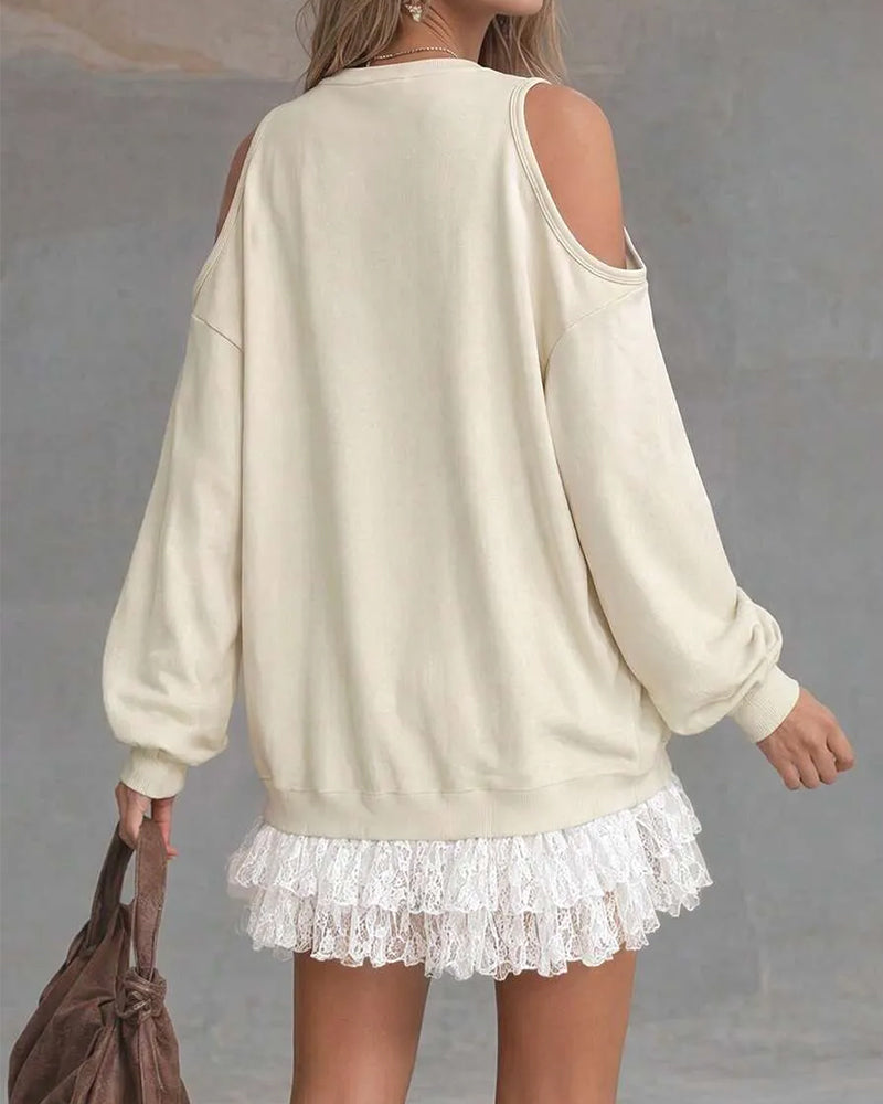 Robe Cold Shoulder Manche Lanterne Dentelle Patchwork