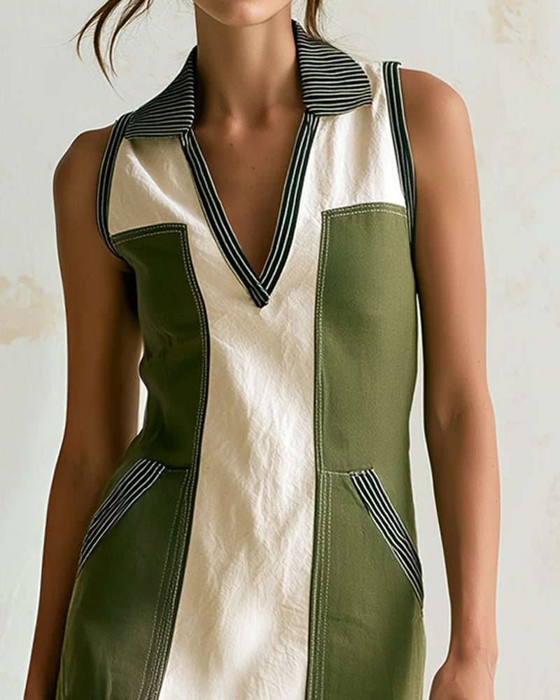 Robe Col En V Revers Bloc De Couleur Rayée Sans Manches