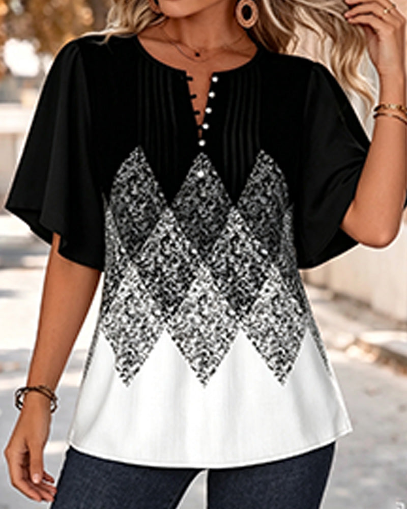 T-Shirt Col En V À Imprimé Dégradé Damier Diamant