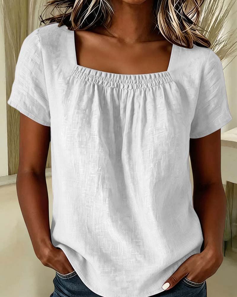 Blouse Col Carré Froncé Manche Courte