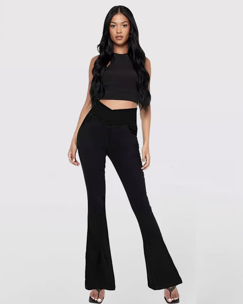 Pantalon Haute Élasticité Mode Poche Évasé